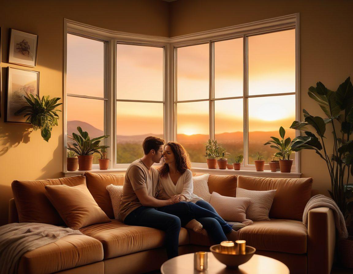 A warm, intimate scene of a couple sitting together in a cozy living room, holding hands and sharing a heartfelt conversation. Soft lighting enhances the ambiance, filled with personal touches like framed photos and houseplants. In the background, a view of a sunset through a window symbolizes the beauty of nurturing love. artistic realism. warm tones. soft focus.