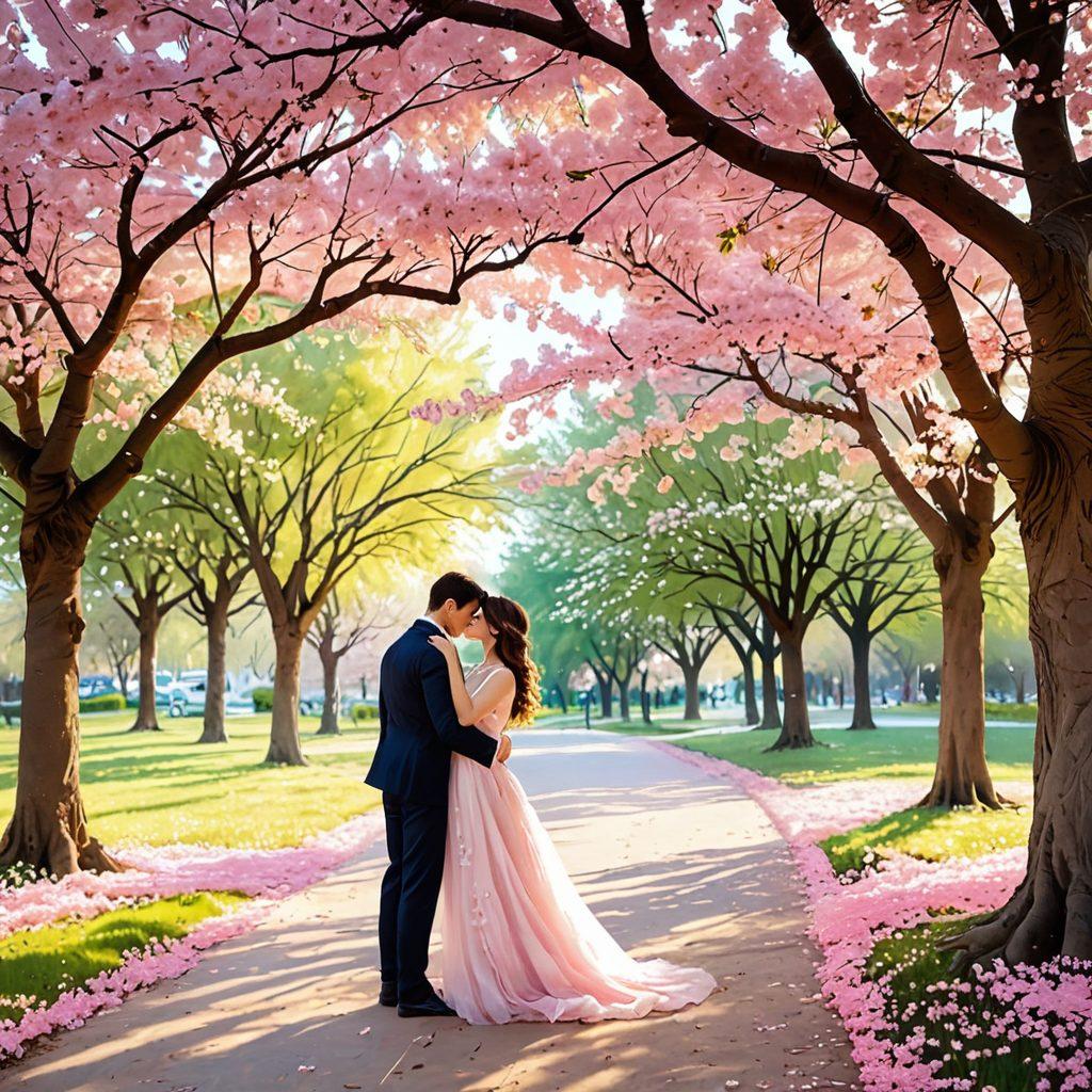 A loving couple engaged in a warm embrace under a blossoming cherry tree, symbolizing affection and support. Surround them with soft, glowing light to enhance the warmth of their connection. Include subtle hearts floating around them, representing the power of love. Capture a serene and uplifting atmosphere. vibrant colors. soothing pastel background.