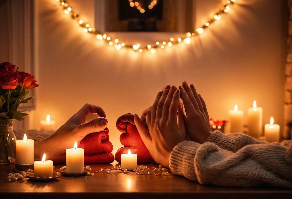 A warm and inviting scene showcasing a couple sharing a tender moment, surrounded by soft, glowing lights and heart-shaped decorations. The backdrop features a cozy setting with a crackling fireplace, fluffy pillows, and a table with romantic candles. Include elements like intertwined hands, love letters, and flowers to symbolize emotional connections. The overall ambiance should evoke warmth, love, and intimacy. super-realistic. vibrant colors. cozy atmosphere.